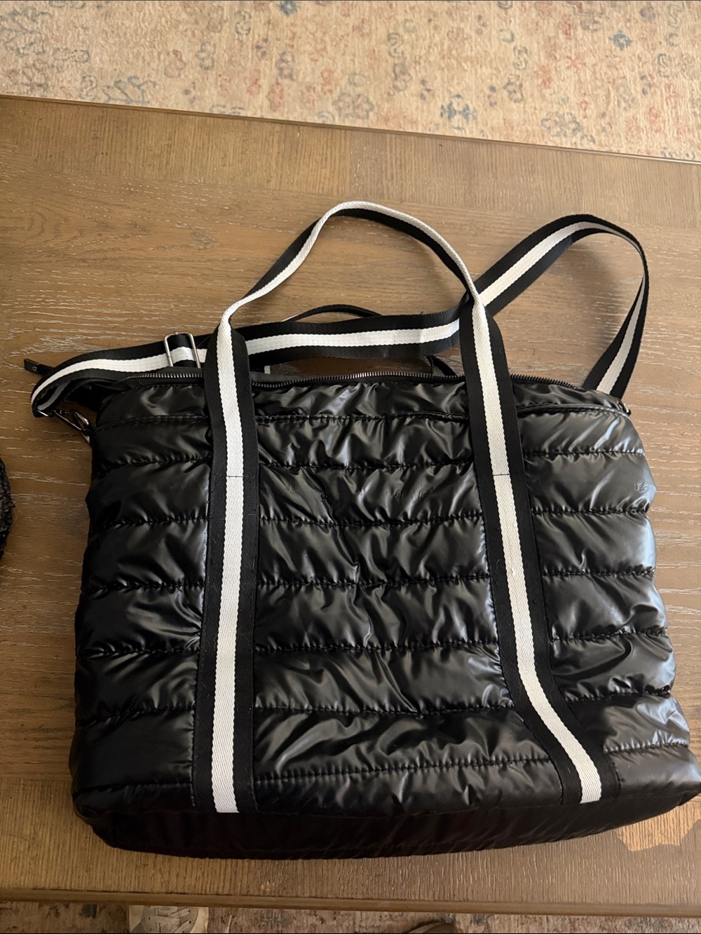 Black Quilted Tote with Striped Handles